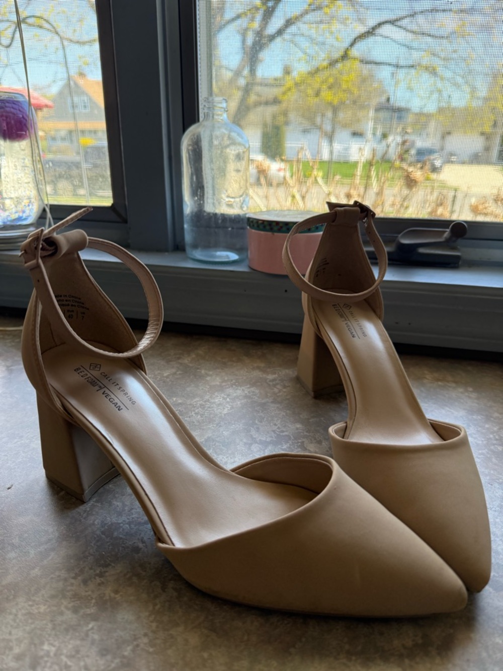 Call It Spring Pointed-Toe Ankle-Strap Block Heels in Nude